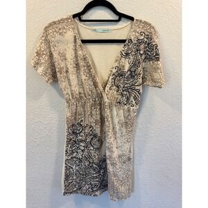 Maurices Paisley Floral Empire Waist V-Neck Tunic Top Cream Navy S Y2K